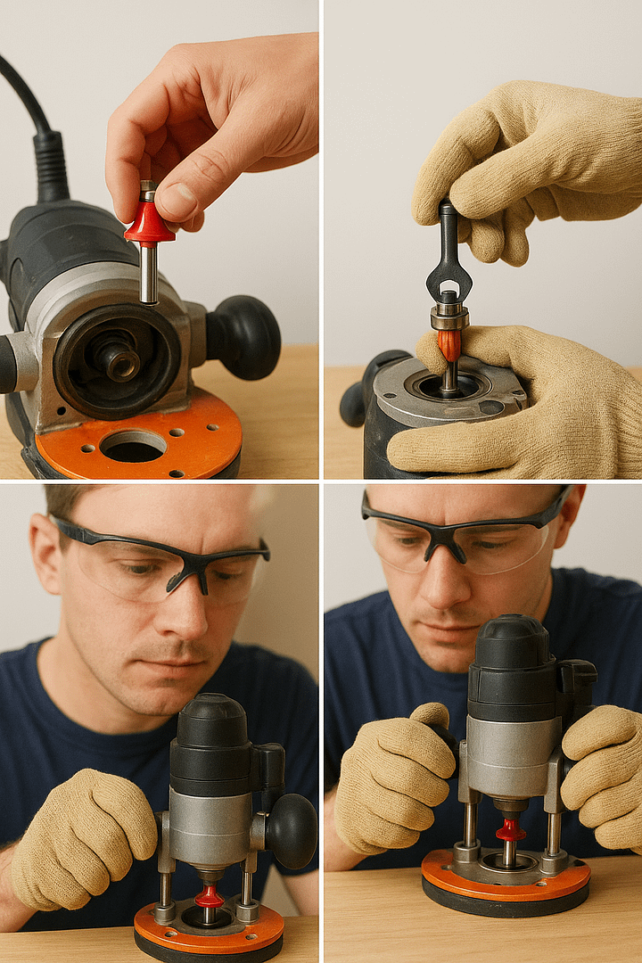 Step-by-step router bit installation demonstrating router safety procedures for beginners